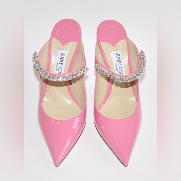 JIMMY CHOO Bing 100 Embellished Patent Leather Pink Mule Heels Size 38.5 / 8.5 - Picture 3 of 12